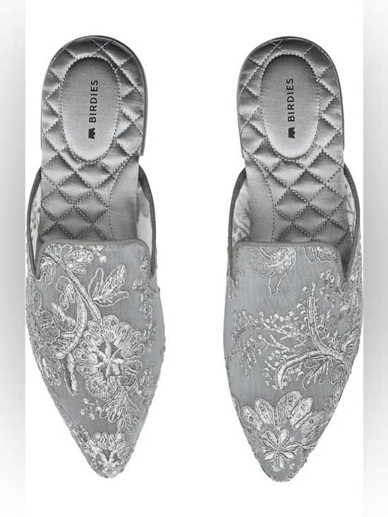 Birdies Shoes - Birdies Dove Embroidered Flower Floral Lace Mules Slip On Shoes Gray Silver 9